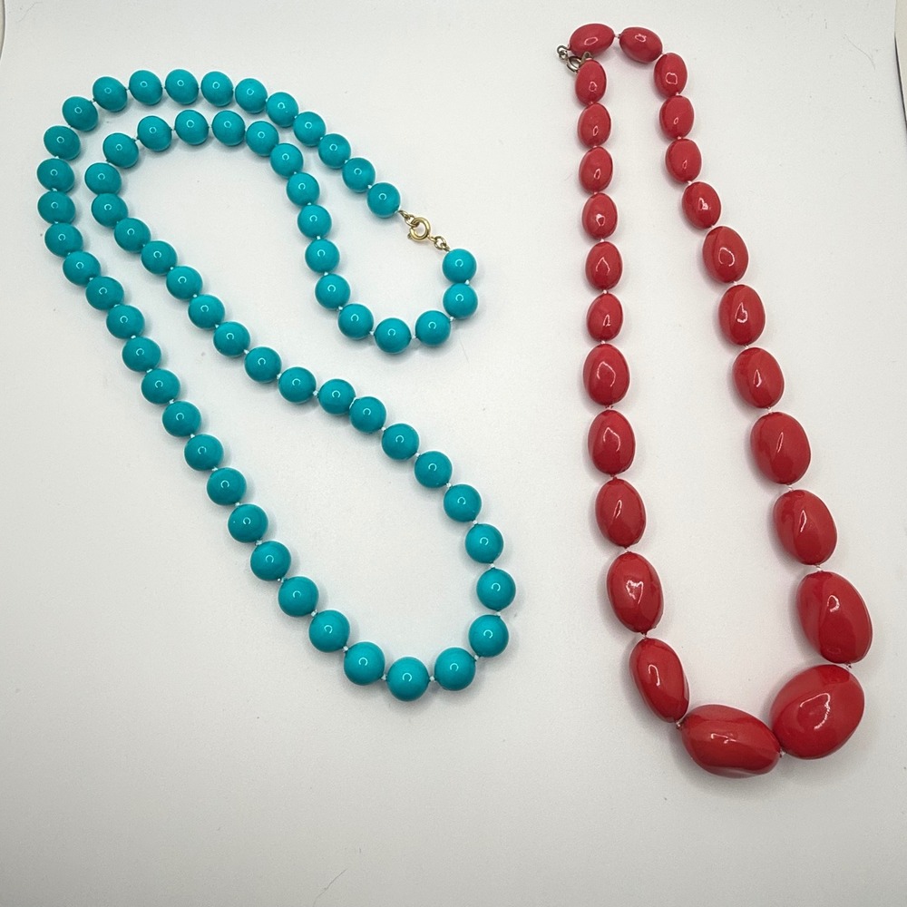 Vintage Beaded Necklace Set Turquoise Blue Round & Red Graduated Oval Beads